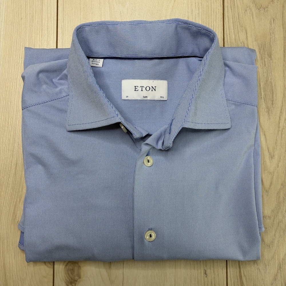 Eton Contemporary Floral Trim Button Up Shirt Mens 17.5/44 Blue Cotton